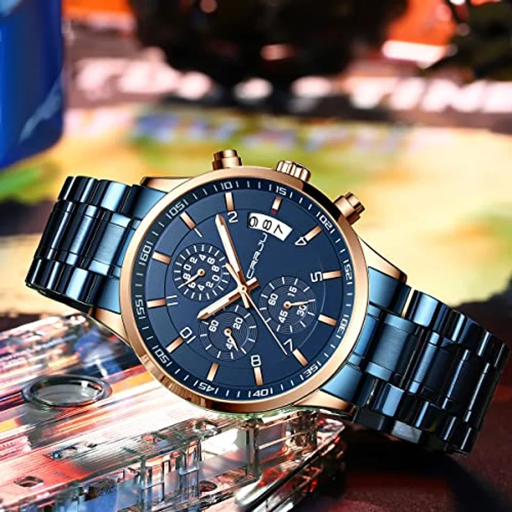CRRJU Herren Chronograph Armbanduhr, wasserdicht, Edelstahlarmband, analoges Quarzwerk mit Kalender, blau – Bild 4