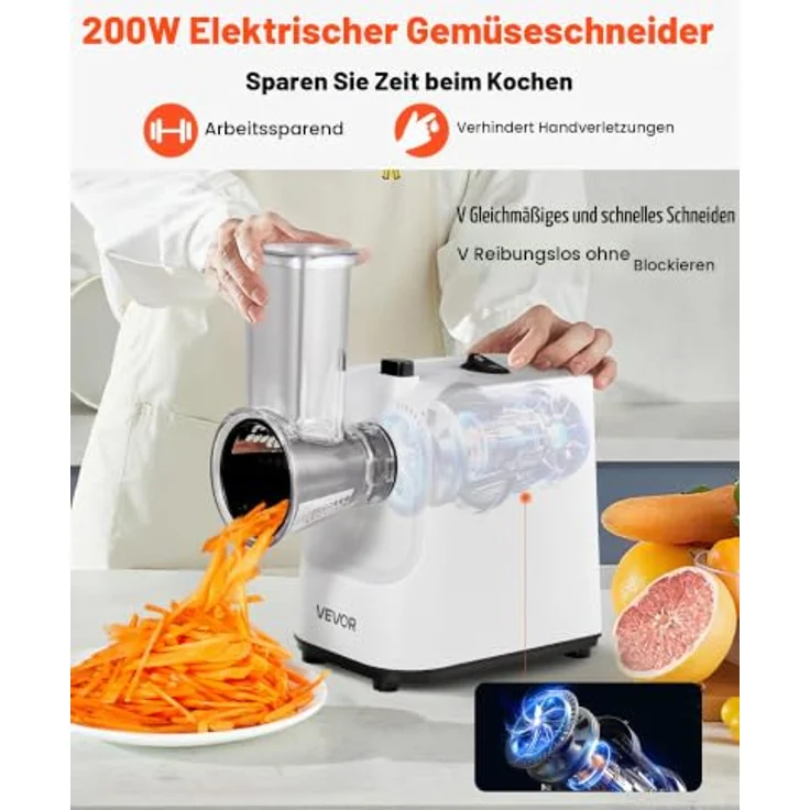 VEVOR Elektrische Käsereibe, 200 W Gemüsehobel mit 5 Edelstahlklingen, breiter Einfüllschacht, leicht zu reinigen, für schnelles Schneiden von Gemüse und Käse – Bild 2