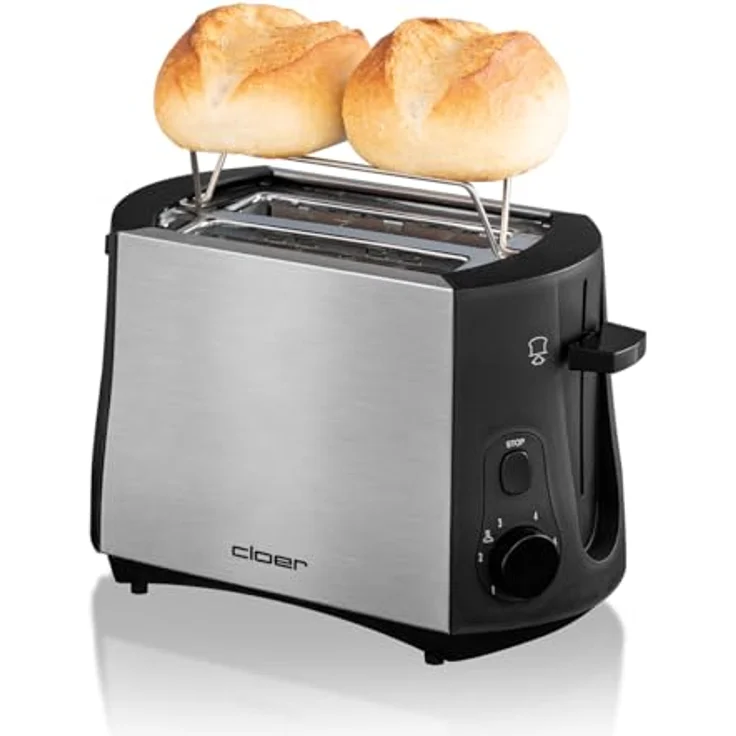 Cloer 3419 Toaster für 2 Toastscheiben, 825 W, integrierter Brötchenaufsatz, Nachhebevorrichtung, Krümelschublade, wärmeisoliertes Edelstahlgehäuse, Schwarz, Edelstahl – Bild 4