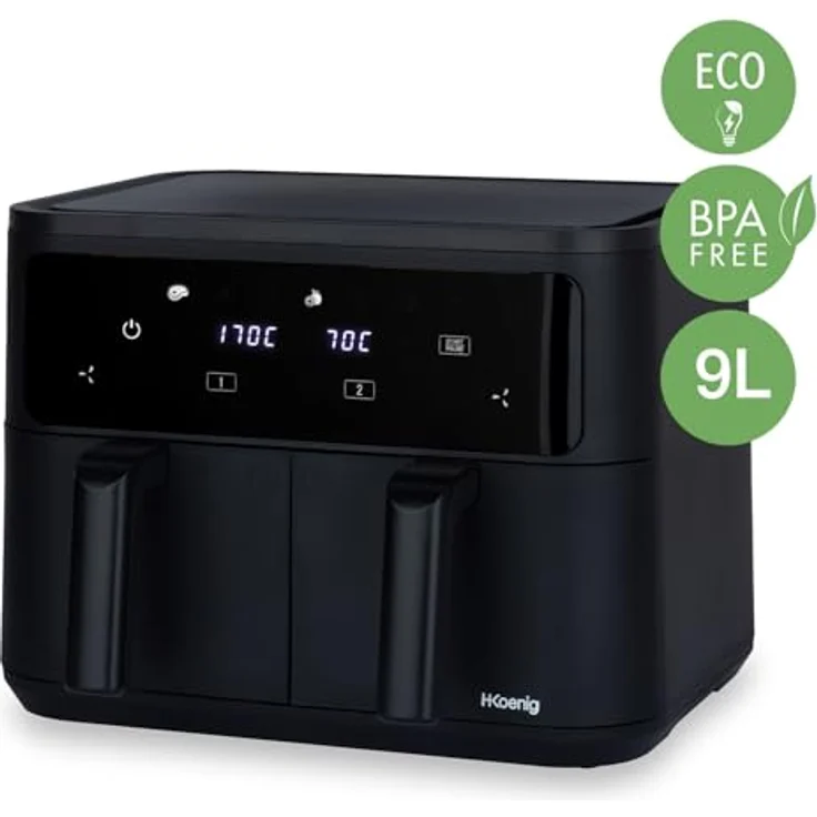 H.Koenig Airfryer Fritteuse ohne Öl, 2 Becken, XXL FRY900, doppelte Kapazität 9 l, verstellbar 80 – 200 °C, 5 Kochmodi, Timer 60 Minuten, 8 Programme, Touchscreen, silber – Bild 2