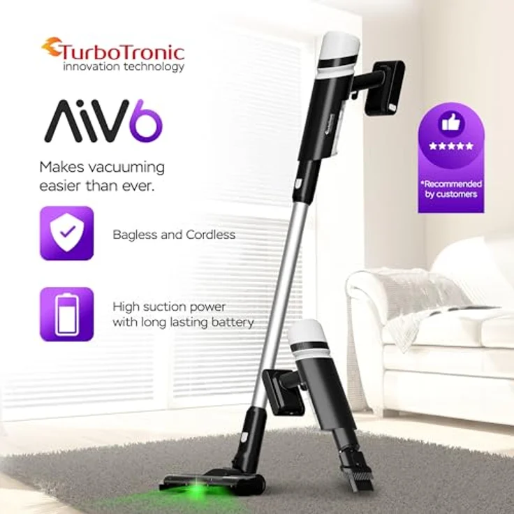 TurboTronic 15 kPa Stabstaubsauger, kabelloser 2-in-1 Handstaubsauger mit grünem Laserlicht und 120W Saugkraft, leicht und beutellos – Bild 2