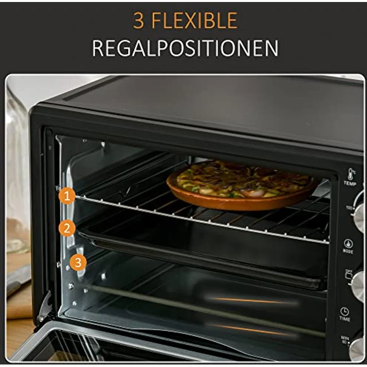HOMCOM Minibackofen 21L mit 1 Drahtgestell und 1 Backblech 3 Kochmodi 100 °C-230 °C einstellbare Temperatur Miniofen 1400W Pizzaofen mit Grillrost Edelstahl Glas Schwarz+Silber – Bild 5