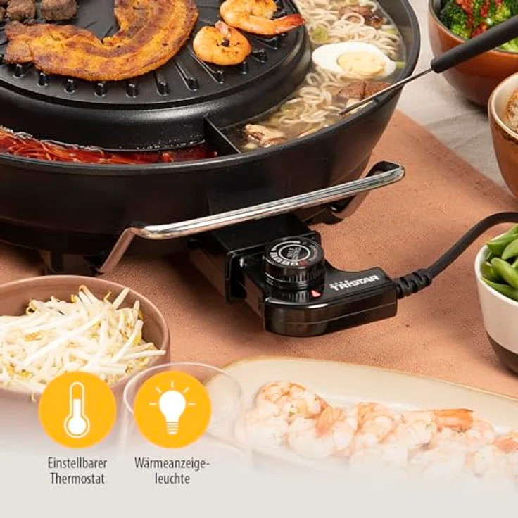Tristar Tischgrill, 1800 W, 2in1 Fondue Hot Pot 3L, Koreanische Party-Pfanne Elektro Shabu Shabu, Antihaftbeschichtung, Schwarz – Bild 5