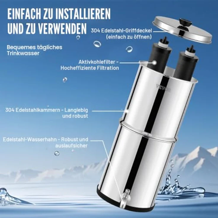 VEVOR Schwerkraft Wasserfiltersystem, Edelstahl 7 L + 8,5 L, reduziert Blei und bis zu 99 % Chlor, mit 2 Kohlefiltern und Zapfhahn – Bild 6