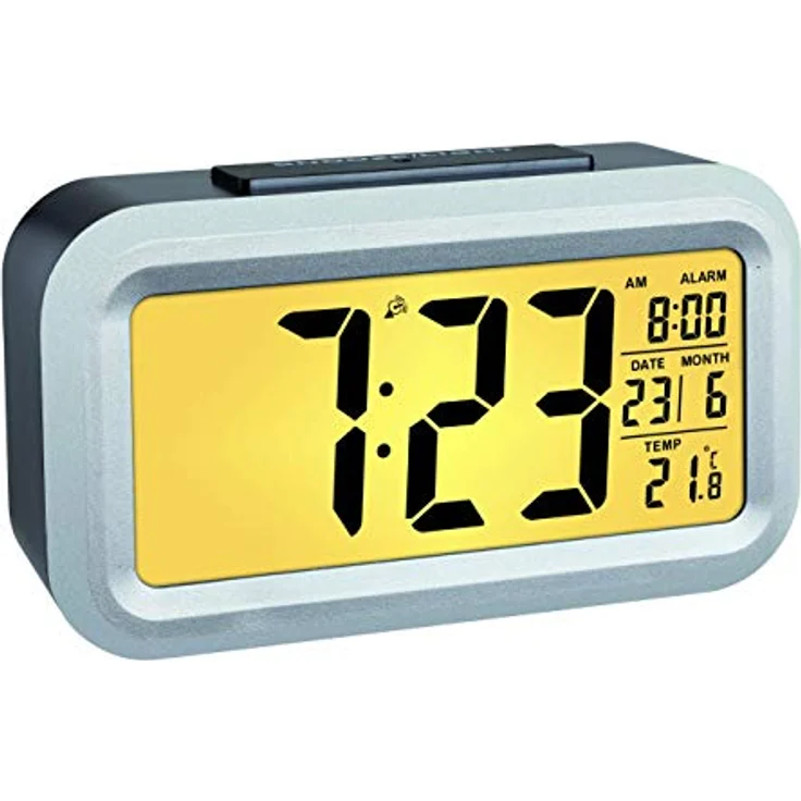 TFA Dostmann Lumio Digitaler Funk Wecker, 60.2553.01, mit Funkuhr, Temperaturanzeige, automatische Hintergrundbeleuchtung, Datumsanzeige, Schlummerfunktion, großes Display, 13,8cm lang, schwarz-silber – Bild 2