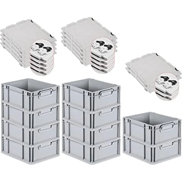 PROREGAL Eurobox NextGen Grip SuperSparSet 10x, mit Scharnierdeckel, schwarzen Schiebeschnappverschlüssen, 16 L, grau, HxBxT 17x30x40 cm, lebensmittelecht – Bild 1