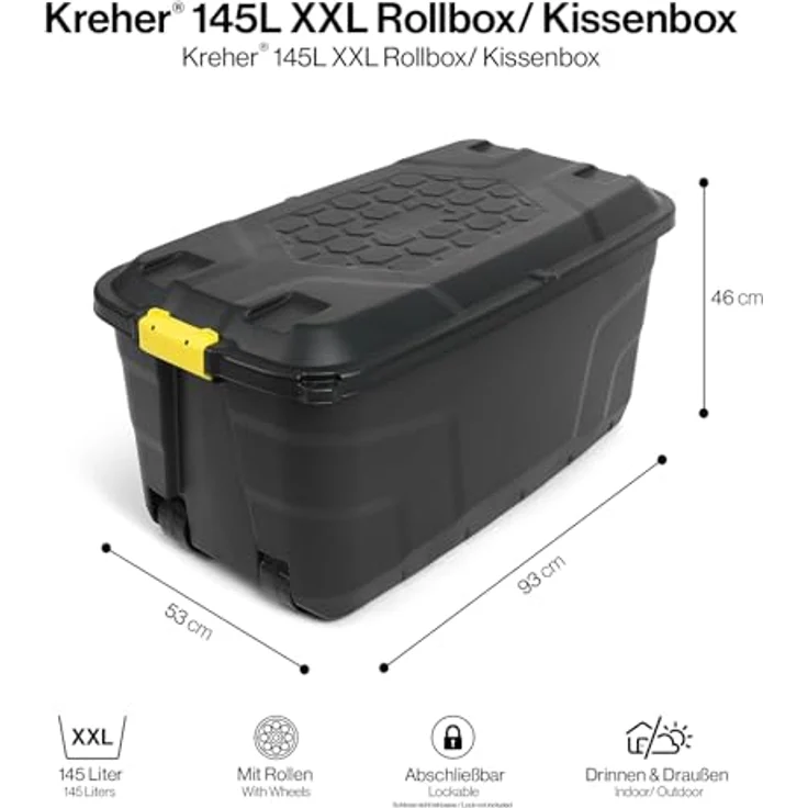 Kreher XXL Transportbox/Kissenbox mit 145 Liter Fassungsvermögen und vier Rollen! Abnehmbarer und abschließbarer Deckel, Nässe-geschützt und in robuster Ausführung! 93 x 53 x 46 cm! - Preisvergleich – Bild 2