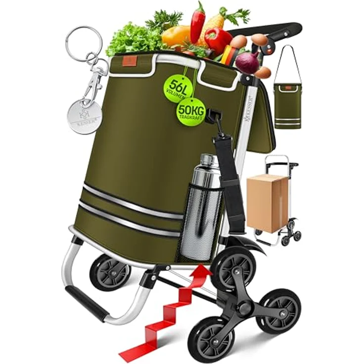 KESSER® Einkaufstrolley Treppensteiger mit Kühlfach, klappbar, 56L, belastbar bis 50kg, 3in1 Trolley Sackkarre & Umhängetasche, Khaki – Bild 1