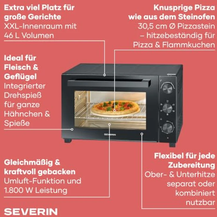 Severin TO 9025 Minibackofen, elektrisch mit 1800 W, schwarz, Grill- und Heißluftfunktion, höhenverstellbarer Grillrost – Bild 3