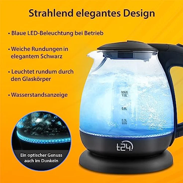 T24 Borosilikatglas Wasserkocher mit LED, 1100 Watt, 1 Liter, 360°-Basis, Glas, Edelstahl schwarz – Bild 5