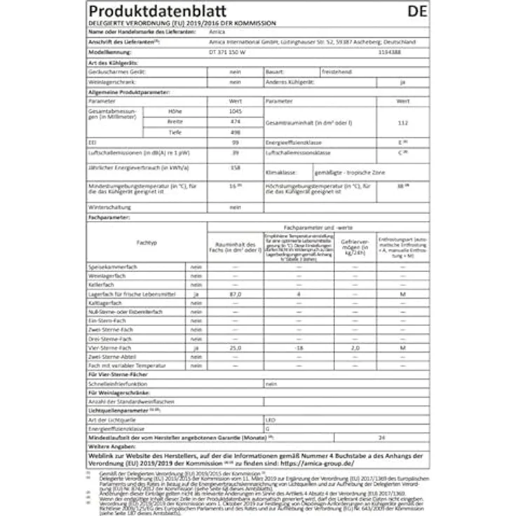 Amica DT 371 150 W Kühl-Gefrier-Kombination, freistehend, 25 l Gefriervolumen, 87 l Kühlvolumen – Bild 10