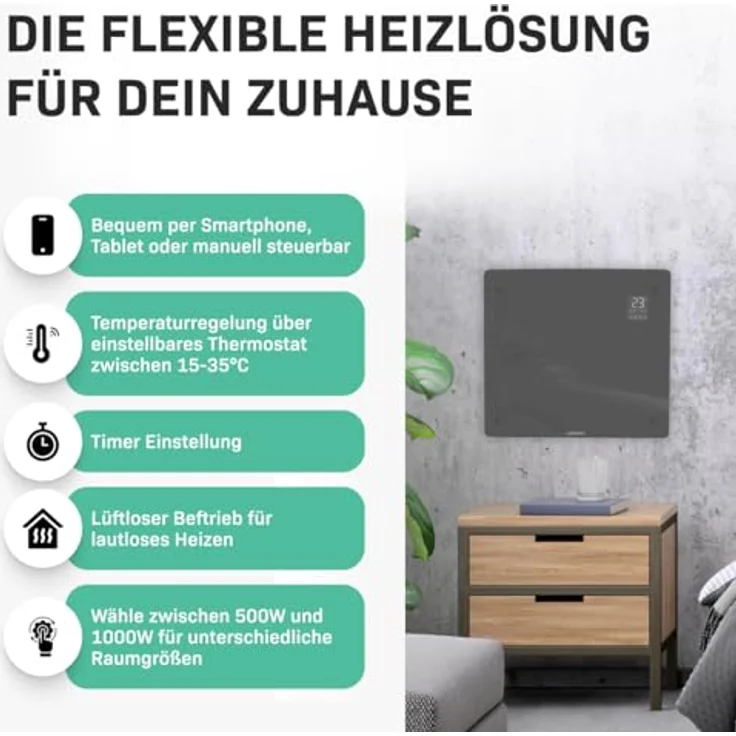 VONROC Elektroheizung, Konvektor-Heizung - Energiesparende elektrische Heizung bis 12m2 - 2 Stufen 500W & 1000W, Manuelle/App Steuerung - grau – Bild 3
