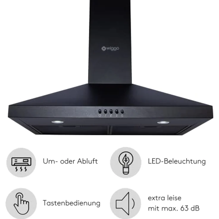 Wiggo Dunstabzugshaube 60cm I Wandhaube für Abluft oder Umluft Dunstabzug 300m³/h mit LED-Beleuchtung & 3 Leistungsstufen I Wandhaube inkl. Fettfilter & 2x Kohlefilter I Abzugshaube Schwarz – Bild 2
