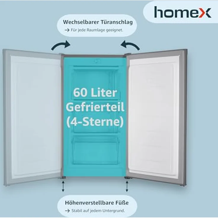 homeX FS1016-S, Gefrierschrank 60L mit 4-Sterne Gefrierfunktion, freistehend, silber, kompakt und leise – Bild 3