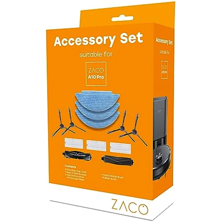 ZACO A10 Pro original Zubehör Set für Saugroboter mit Wischfunktion und Absaugstation, Ersatzteile inkl. Feinpartikel Filter, Seitenbürsten, Wischtücher & Hauptbürste