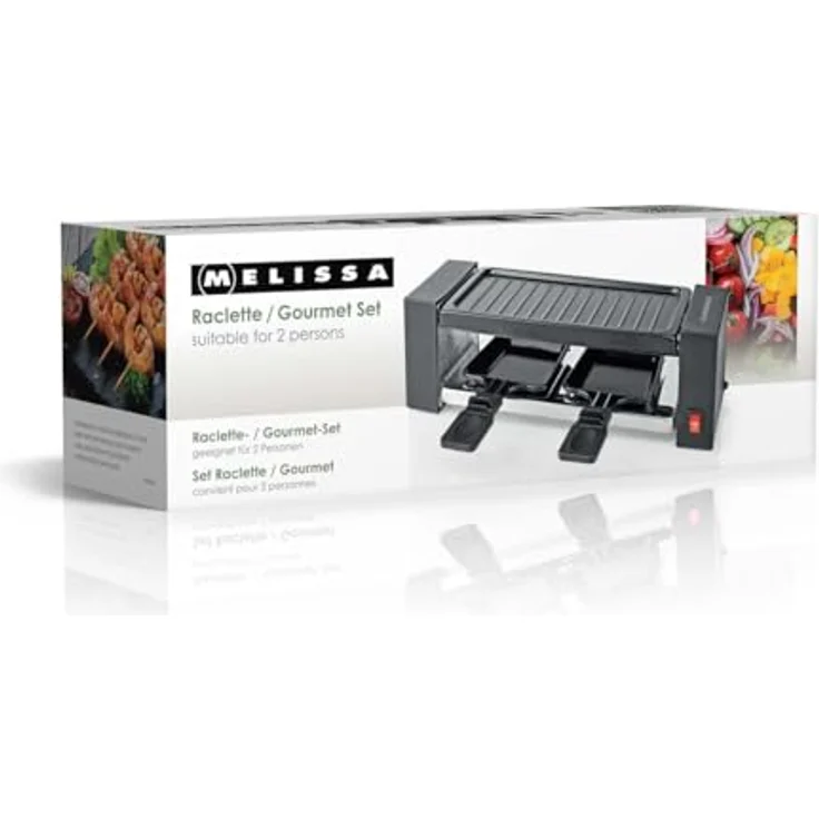 Melissa 16300031 Raclette Schwarz, kompakt für 2 Personen mit abnehmbarer Grillplatte und Antihaftpfannen – Bild 7