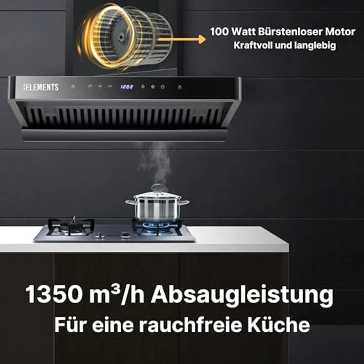 KB ELEMENTS Dunstabzugshaube 60cm, Umluft/Abluft Dunstabzugshaube in Schwarz mit 1350m³/h starker Saugleistung, 8 Einstellstufen, Aktivkohlefilter, Effizienz A+, ELK150H60 – Bild 2