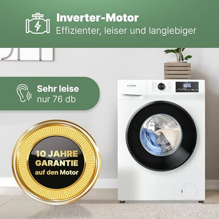 Bomann® Waschmaschine WA 7500 weiß | 7kg | Aqua-Stop | 10 Jahre Motor-Garantie | effizienter Invertermotor | 1400 U/min | bis 90°C | 15 Programme | Endzeitvorwahl | Washing Machine – Bild 3