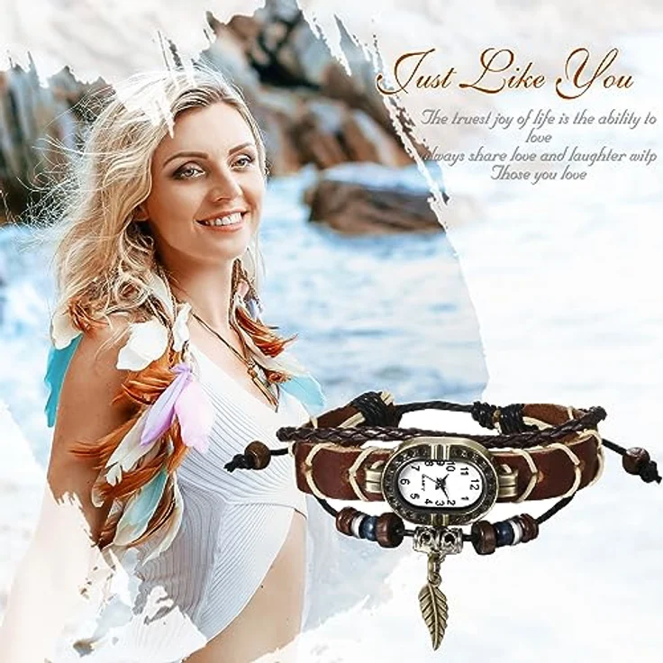 JewelryWe 3pcs Vintage Feder Schmetterling Armbanduhr, Analog Quarz mit geflochtenem Lederarmband in Schwarz und Braun – Bild 4