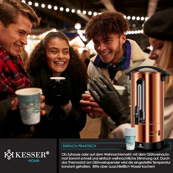 KESSER Glühweinautomat 20L, Edelstahl Einkochautomat mit 1800 W, Thermostat 30-100°C, Auto-Erhitzen & Warmhalten, inklusive 10 Bechern mit Wintermotiv – Bild 6