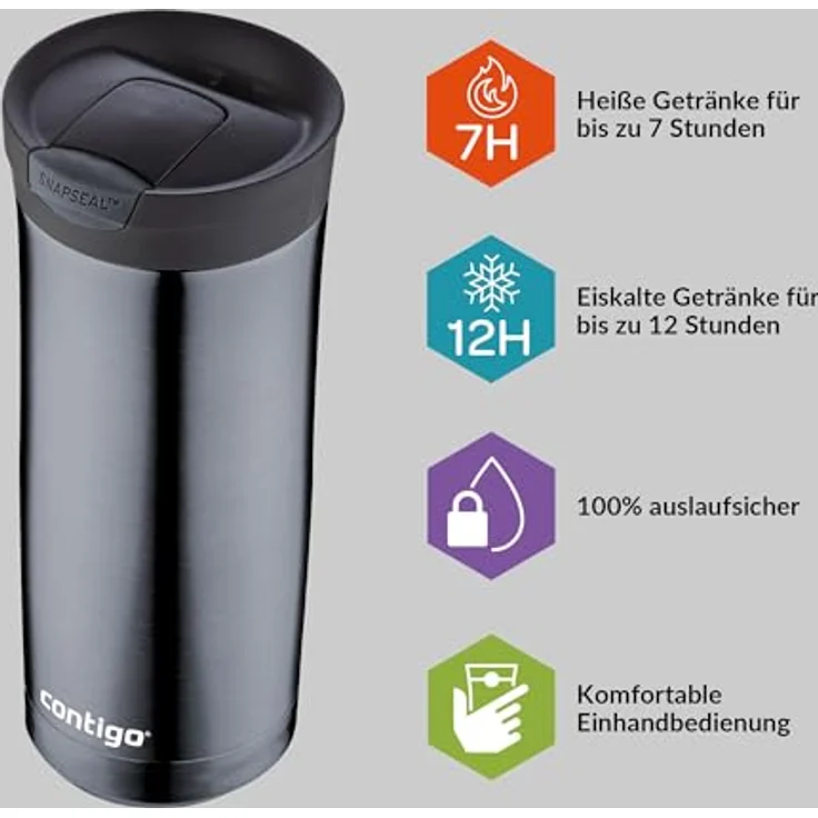 Contigo Thermobecher Huron Snapseal, Edelstahl Isolierbecher, Kaffebecher to go, auslaufsicher, spülmaschinenfester Deckel BPA-frei, 470 ml – Bild 3