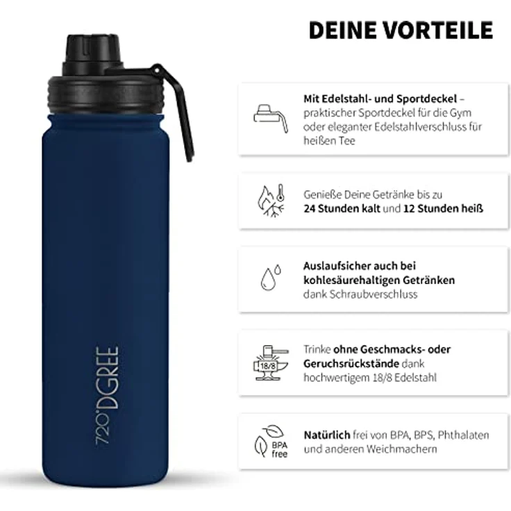 Trinkflasche Doppelwandig Edelstahl 950ml Isolierflasche m. Gratis Sportdeckel 720 DGREE noLimit sapphire blue – Bild 2