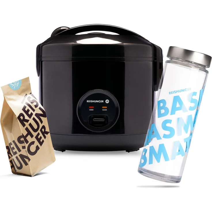 Reishunger Basis Reiskocher, schwarz, 1,2 L, bis zu 6 Portionen, inkl. Basmati Reisglas & 600g Basmati, Warmhaltefunktion, Premium Topf