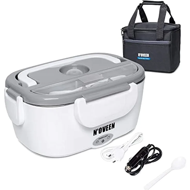 NOVEEN Elektrische Lunchbox LB 410 Grey Speisenwärmer Edelstahl Warmhaltebox Tragbare Food Box für Nahrung, Isolierte Essenstasche Picknicktasche mit Gürtel