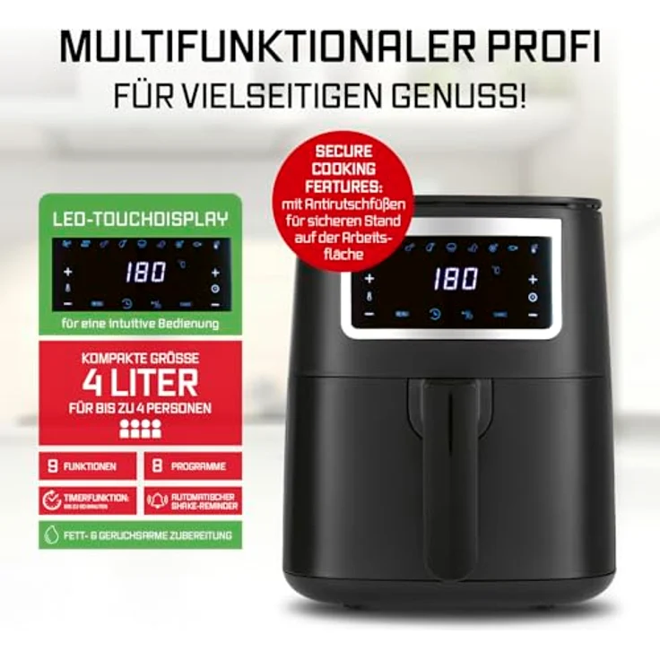 GOURMETmaxx Heißluftfritteuse 4 L Airfryer | Touchscreen, 9 Funktionen & 8 Programmen | Minibackofen - Fettarmes Braten | Spülmaschinengeeignet – Bild 2