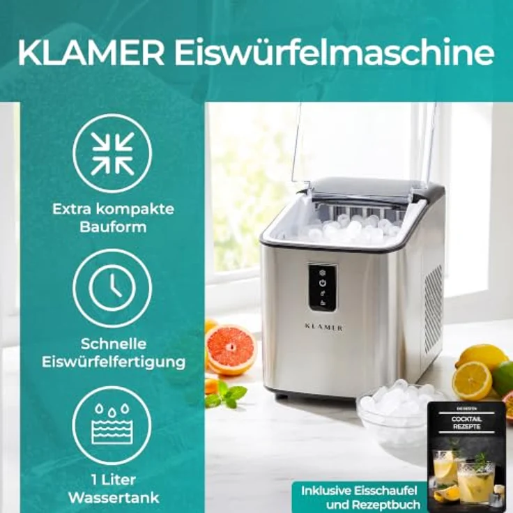 KLAMER Edelstahl Eiswürfelmaschine, 12 kg/24h, 8 Würfel in 8 Min, 1L Wassertank, geräuscharmer Kompressor, Touch Display – Bild 2
