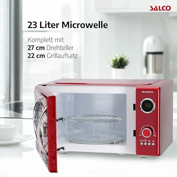 Salco Mikrowelle 2 in 1, Retro-Style, Grillfunktion, 23 l Garraum, metallic-rot, 900 W, 12 Funktionen, Auftauen, Grillen, Wärmen, inkl. Drehteller – Bild 3