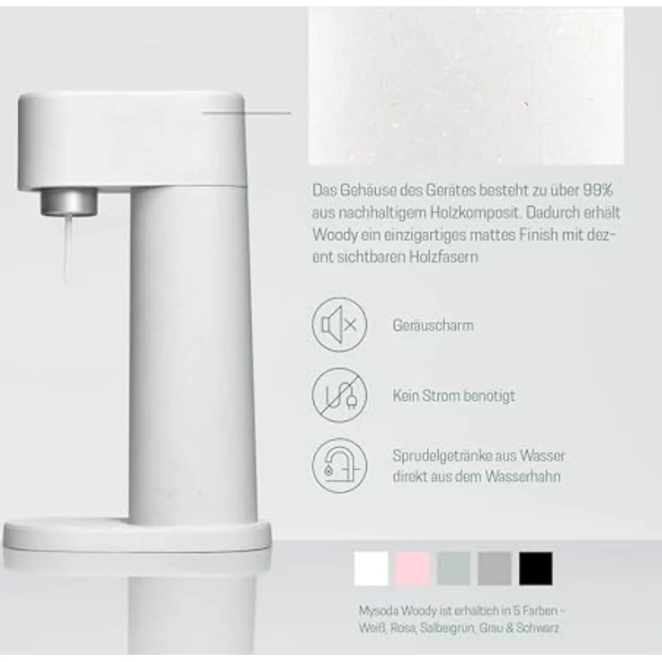 Mysoda Woody Set - Wassersprudler aus erneuerbarem Holzkomposit Material mit Quick-Lock BPA-frei Plastikflasche und CO2-Zylinder - Salbeigrün (Pigeon) – Bild 4
