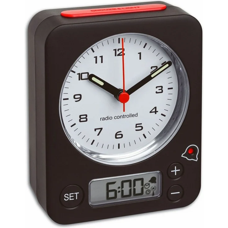 TFA Dostmann Funkwecker Combo TFA 60.1511 analoger Wecker mit Funkuhr, Rundumlaufender Hintergrundbeleuchtung und Fluoreszierende Zeiger, schwarz-rot – Bild 1