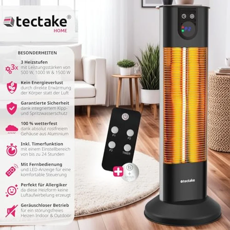 tectake® Infrarot Heizstrahler mit Kippschutz und Timer, 1500W, für Innen und Outdoor, elektrischer Heizlüfter, Infrarotheizung Terrasse - Aluminiumgehäuse – Bild 2