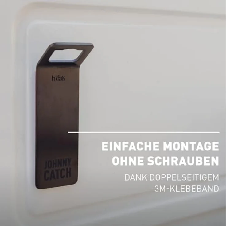 höfats Johnny Catch Magnet schwarz, Wand-Flaschenöffner mit Magnet, fängt bis 20 Kronkorken, schraubenlose Montage, Edelstahl mit PVD Beschichtung – Bild 5