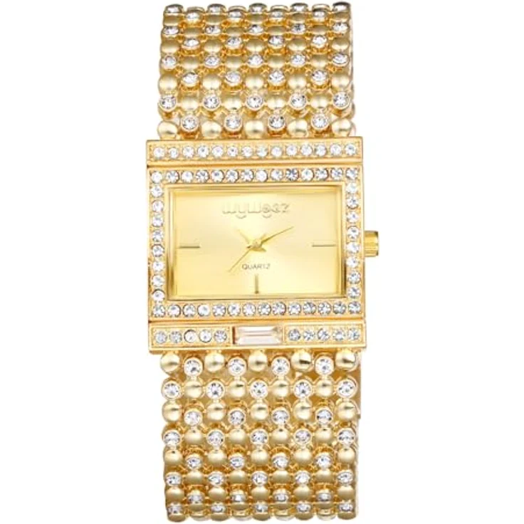 JewelryWe Damenuhr Glitzer Rechteckig Uhr: Goldene Bling Strass Analog Quarz Armbanduhr mit breitem Metallarmband und Eckigem Zifferblatt – Bild 1
