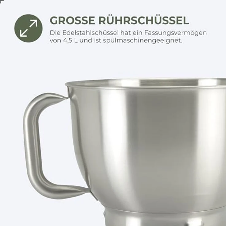 Bourgini Elements Küchenmaschine, 1000 W, 4,5 L Edelstahl-Rührschüssel, 8 Geschwindigkeiten, Pulsfunktion, 3 spülmaschinengeeignete Zubehörteile, GRS-zertifiziert – Bild 3