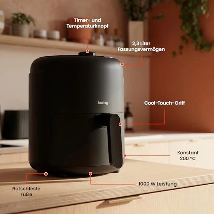 Huslog Heißluftfritteuse HUS1059, 2,3 l, 1000 W, mit Timer, schwarz, fettfreies Frittieren – Bild 6