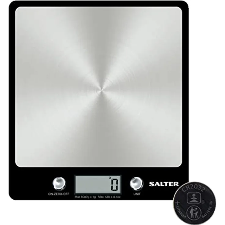 Salter 1241A BKDR digitale Küchenwaage - Großes Display, Digitalwaage mit Tara Funktion, kg/lbs, Flüssigkeiten wiegen ml/fl.oz, praktische Haushaltswaage, Edelstahl plattform, Waage mit Batterien