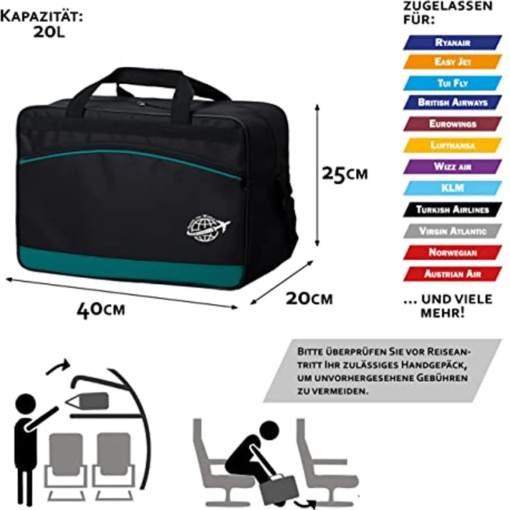 BAMBINIWELT Reisetasche HANDGEPÄCK Boardgepäck Bordcase 40x20x25 40x30x20 Ryanair Wizzair, Reisetasche, Weekender (groß (40x30x20), schwarz-hellgrün) – Bild 3