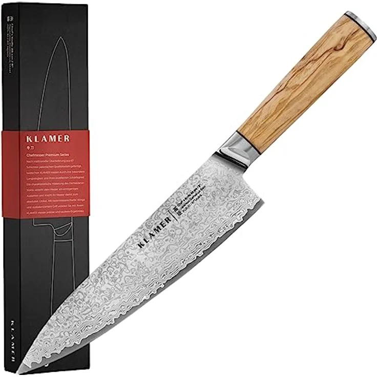 KLAMER Damast Chefmesser 20cm, extra scharfes Küchenmesser, echter japanischer Damaststahl, Fleischmesser – Bild 1