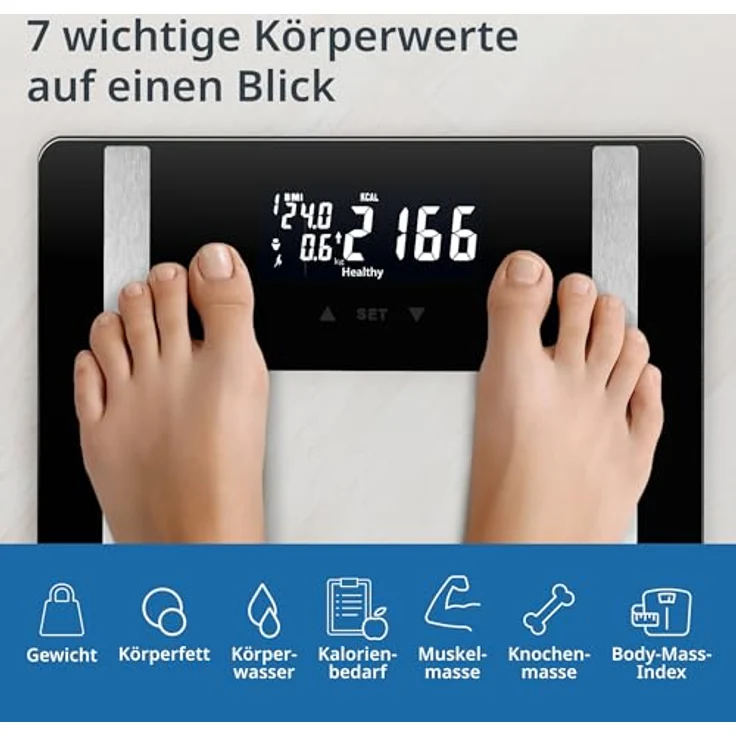ADE Digitale Körperfettwaage bis 200 kg | Personenwaage mit Körperfettanalyse, BMI, Muskelmasse, Körperwasser, Gewicht, BMR | Körperwaage mit Benutzererkennung | Schwarz – Bild 3