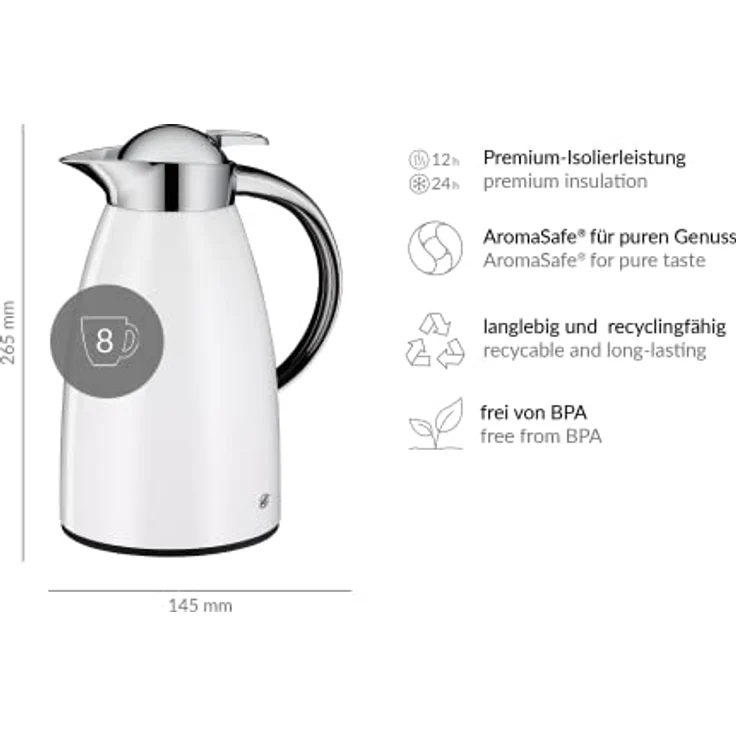 alfi 1421.211.100 Isolierkanne Signo, Edelstahl Alpinweiß 1,0 l, 12 Stunden heiß, 24 Stunden kalt – Bild 4