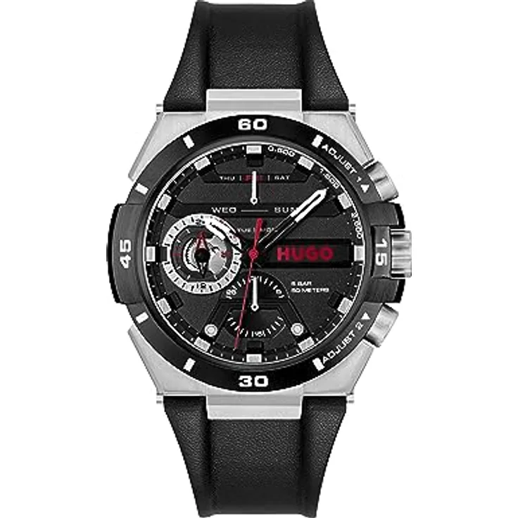 HUGO Multi Zifferblatt Quarz Uhr Herren #WILD, schwarzes Lederarmband, wasserdicht bis 5 bar, 46 mm Gehäusedurchmesser