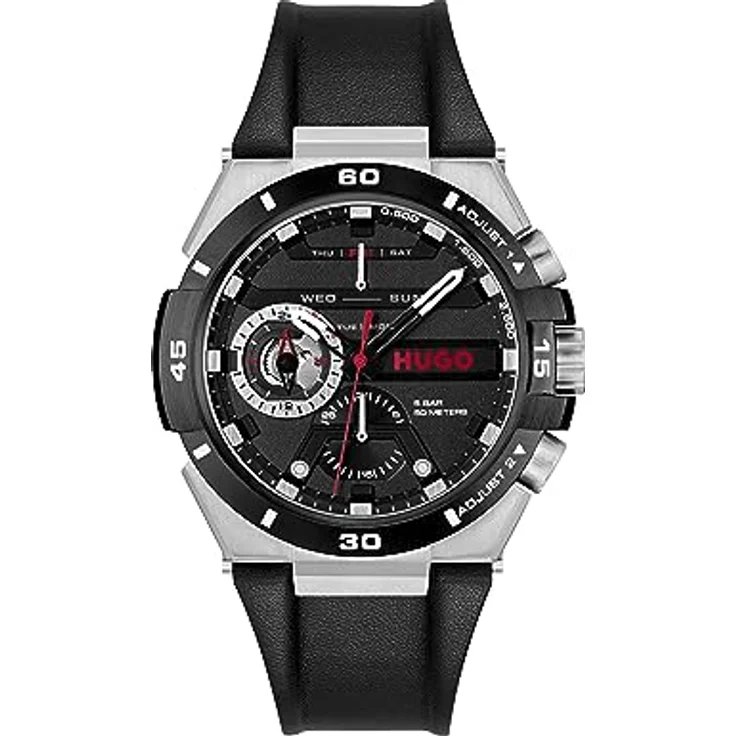 HUGO Multi Zifferblatt Quarz Uhr Herren #WILD, schwarzes Lederarmband, wasserdicht bis 5 bar, 46 mm Gehäusedurchmesser – Bild 1