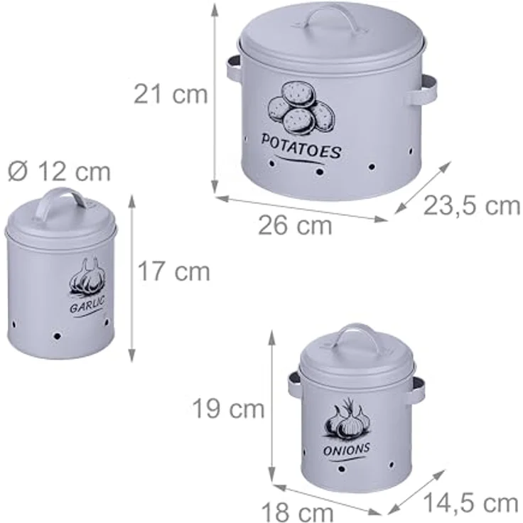 relaxdays Vorratsdose Kartoffel Aufbewahrungsbox 3er Set, Stahl, grau, mit optimalen Lagerbedingungen für Kartoffeln, Zwiebeln und Knoblauch, belüftet – Bild 3