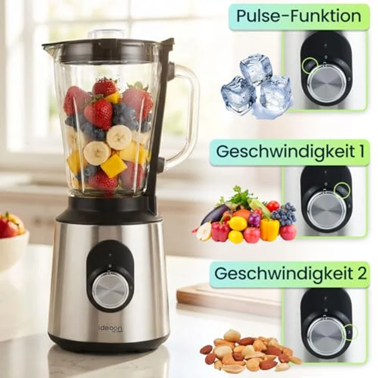 shop'n smile ideoon Standmixer Edelstahl 1000W mit 1,5L Glasbehälter, 2 Geschwindigkeitsstufen + Pulse, rutschfest, spülmaschinenfest, Silber/Schwarz – Bild 4
