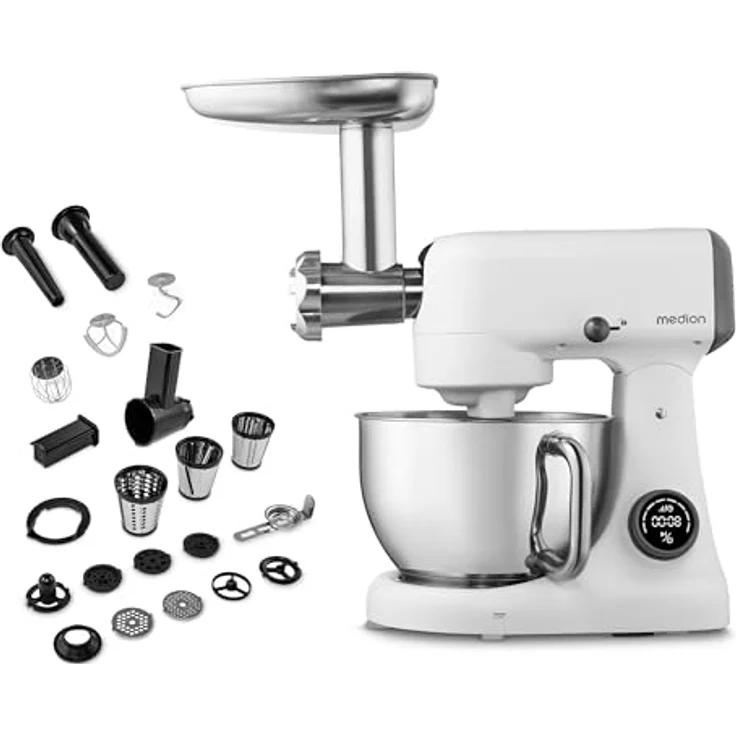 MEDION Küchenmaschine mit Fleischwolf (800 Watt, Gleichstrommotor, 4,6 Liter Edelstahlschüssel, Energiesparend, Ultraleise, Digitales Sensor-Touch-Display, MD12600) Weiß – Bild 1