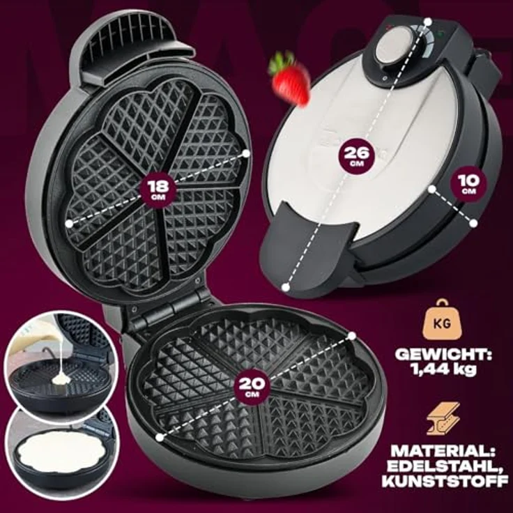 Clatronic WA 3492 Waffeleisen, 1000 Watt, Edelstahleinlage, Große Backflächen Ø 18 cm antihaftbeschichtet, Stufenlos regelbarer Bräunungsgrad – Bild 6