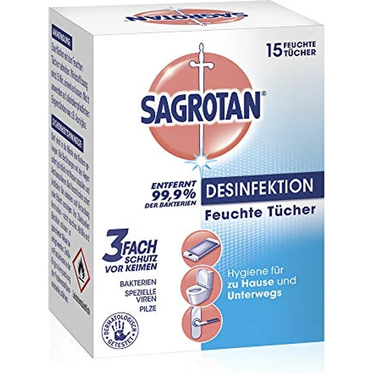 Sagrotan Feuchte Tücher zur Desinfektion – In praktischer Reisegröße für die schnelle hygienische Reinigung unterwegs – 5 x 15 Feuchttücher, einzeln verpackt – Bild 2